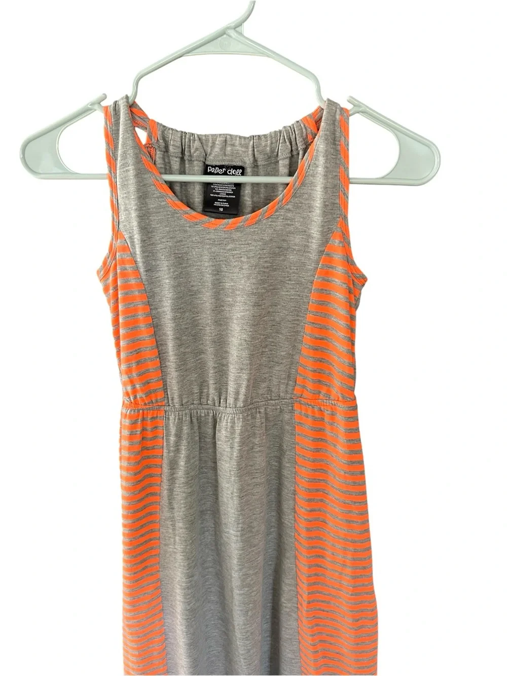 paper doll Gray HiLow Lined Dress with Neon Orange Stripe Panels Racerback Sz 10 - Picture 2 of 7